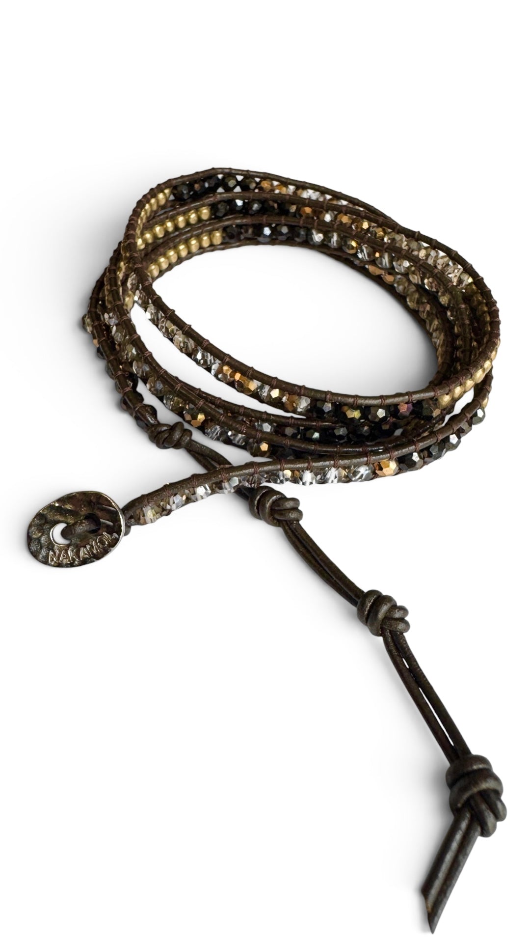 Nakamol Wrap 5 x Wrap, Black Leather with Crystals and Brass Beads