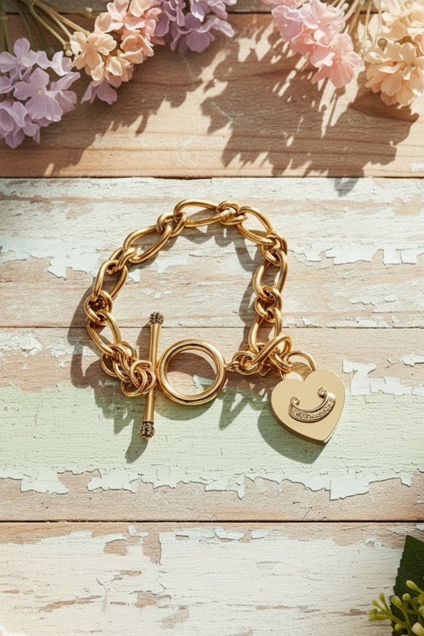 Vintage Juicy Couture “Royal Couture” Gold Heart Charm with Crystals Toggle Bracelet