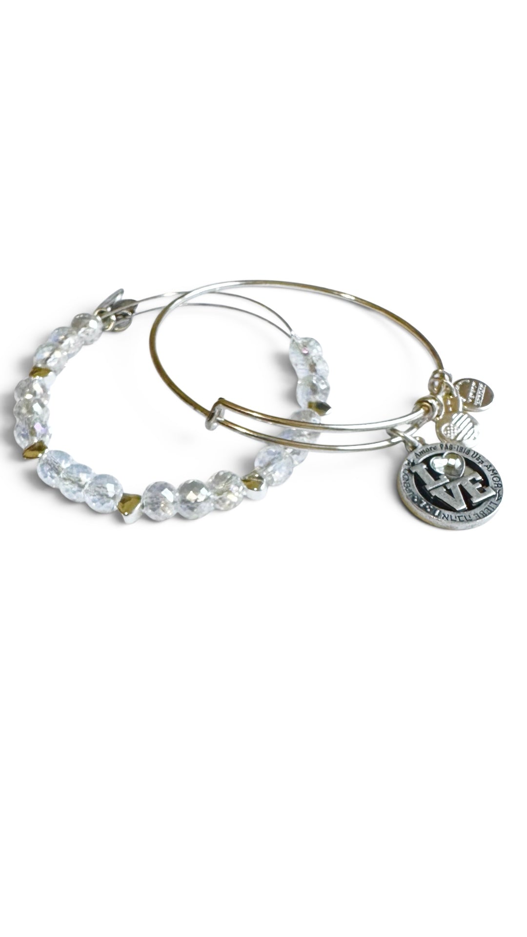 Alex and Ani - Love Language Charm & Aurora Borealis Beaded Bangle Set of 2 Bracelets, Special Sale