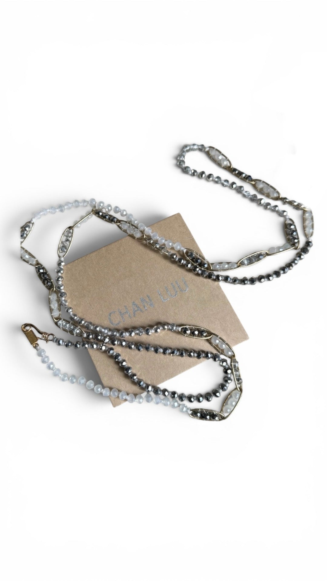 Chan Luu - Hand Knotted Aurora Borealis Grey and Opaque White Crystal Necklace/Bracelet with Gold Chain￼
