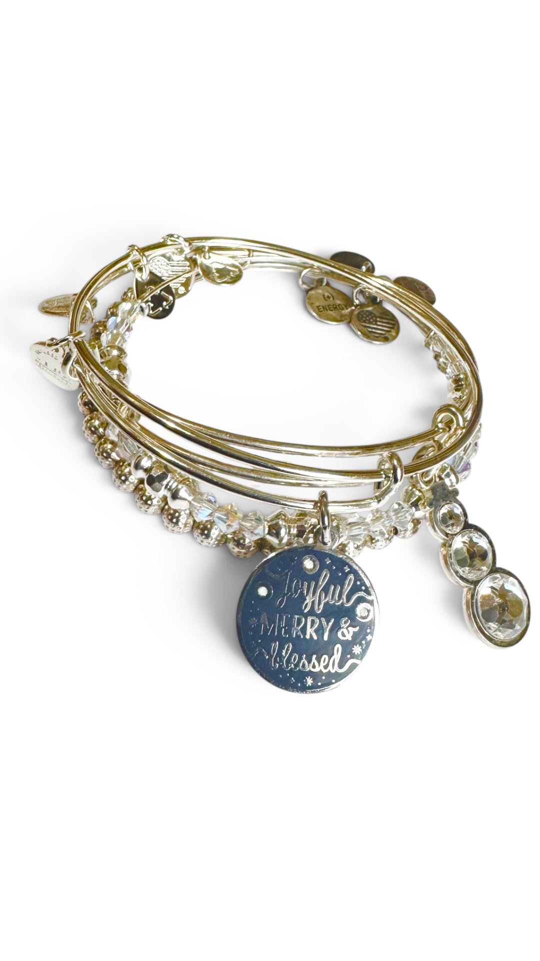 Alex and Ani - Holiday Bracelets Set of 4, Swarovski Crystal Snowman Charm, Joyful Merry & Blessed Charm plus 2 Beaded Bangles
