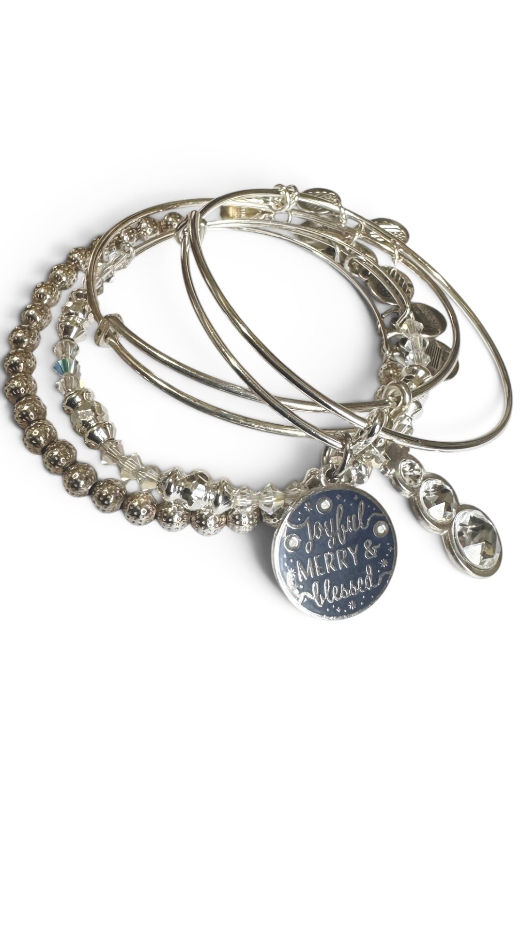 Alex and Ani - Holiday Bracelets Set of 4, Swarovski Crystal Snowman Charm, Joyful Merry & Blessed Charm plus 2 Beaded Bangles