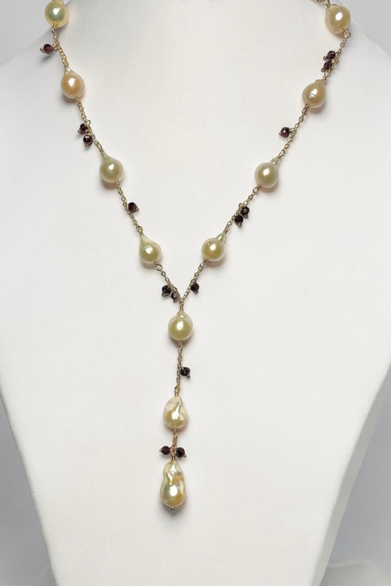 Chan Luu - Vintage Estate Baroque Cream Pearls Intermingled w/Micro Mini Faceted Garnets Plus Matching Earrings Set