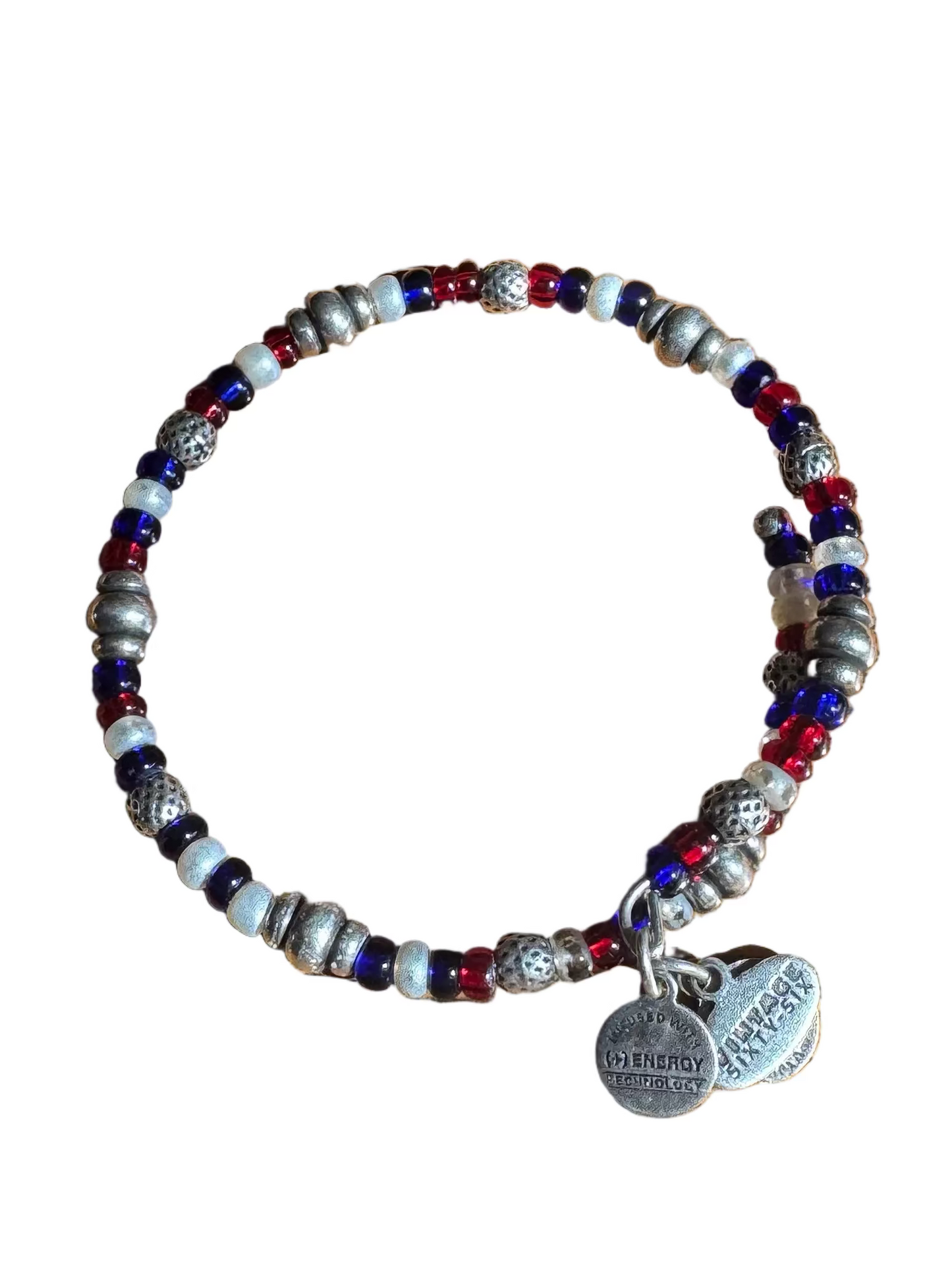 Alex and Ani- Red, White and Blue Silver Beaded Wrap Bracelet Bangle, Vintage 66