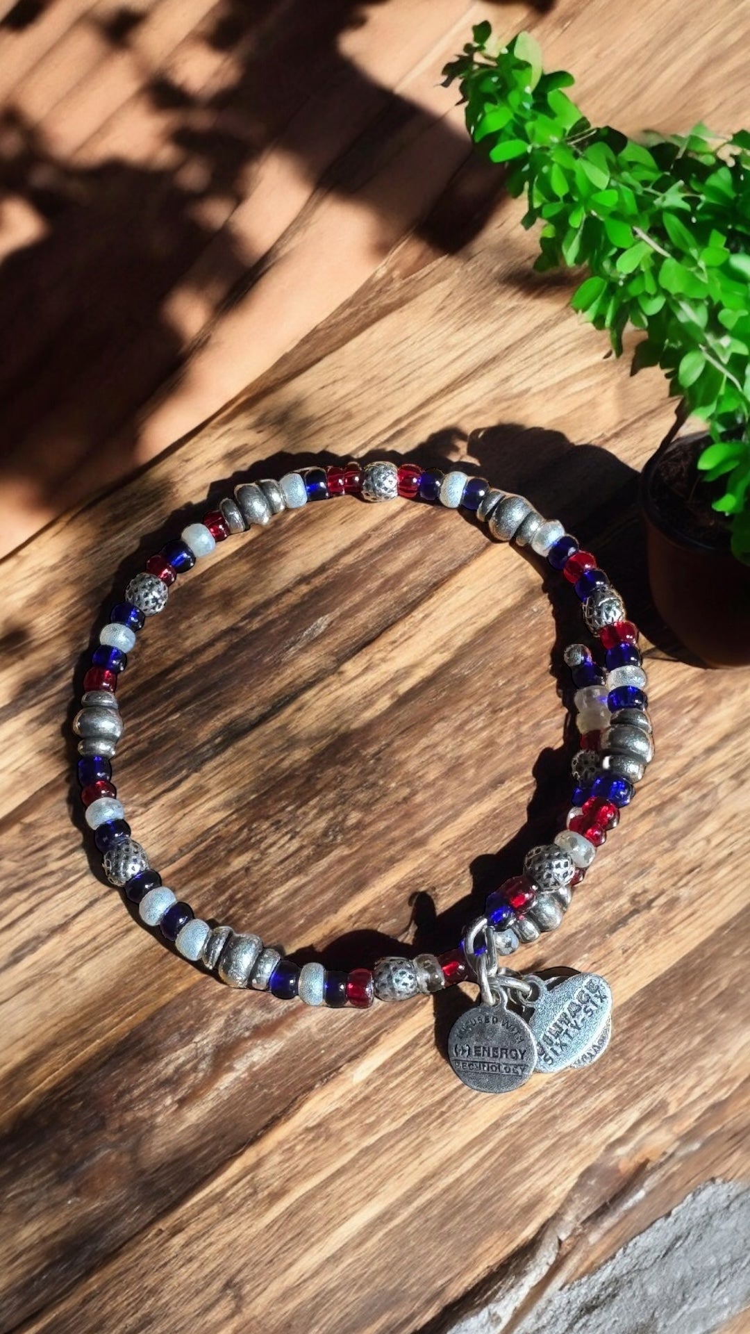 Alex and Ani- Red, White and Blue Silver Beaded Wrap Bracelet Bangle, Vintage 66