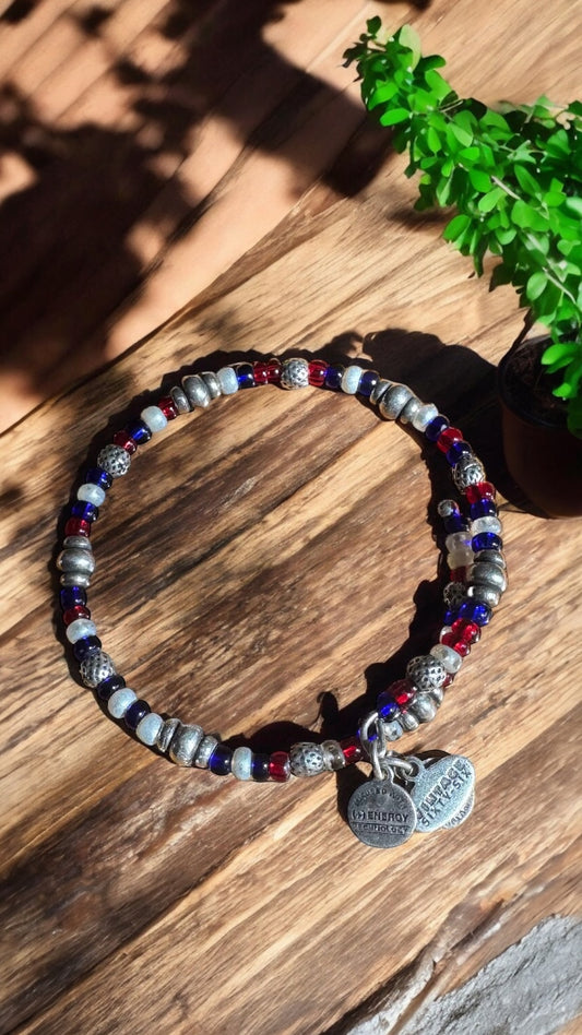 Alex and Ani- Red, White and Blue Silver Beaded Wrap Bracelet Bangle, Vintage 66