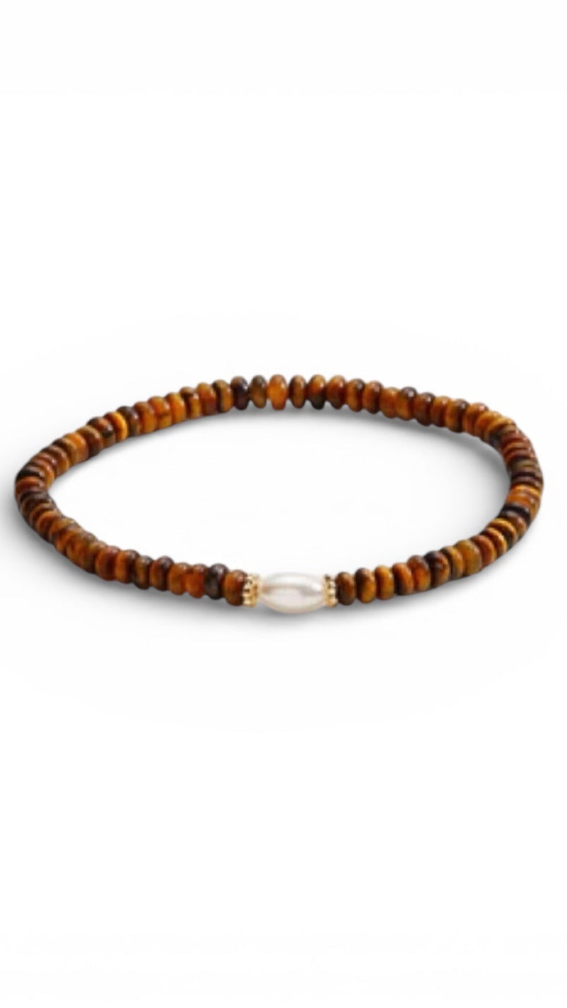 Alex and Ani - Genuine Tigers Eye Beaded with Glass Pearl, Gold, Stretchy Bracelet