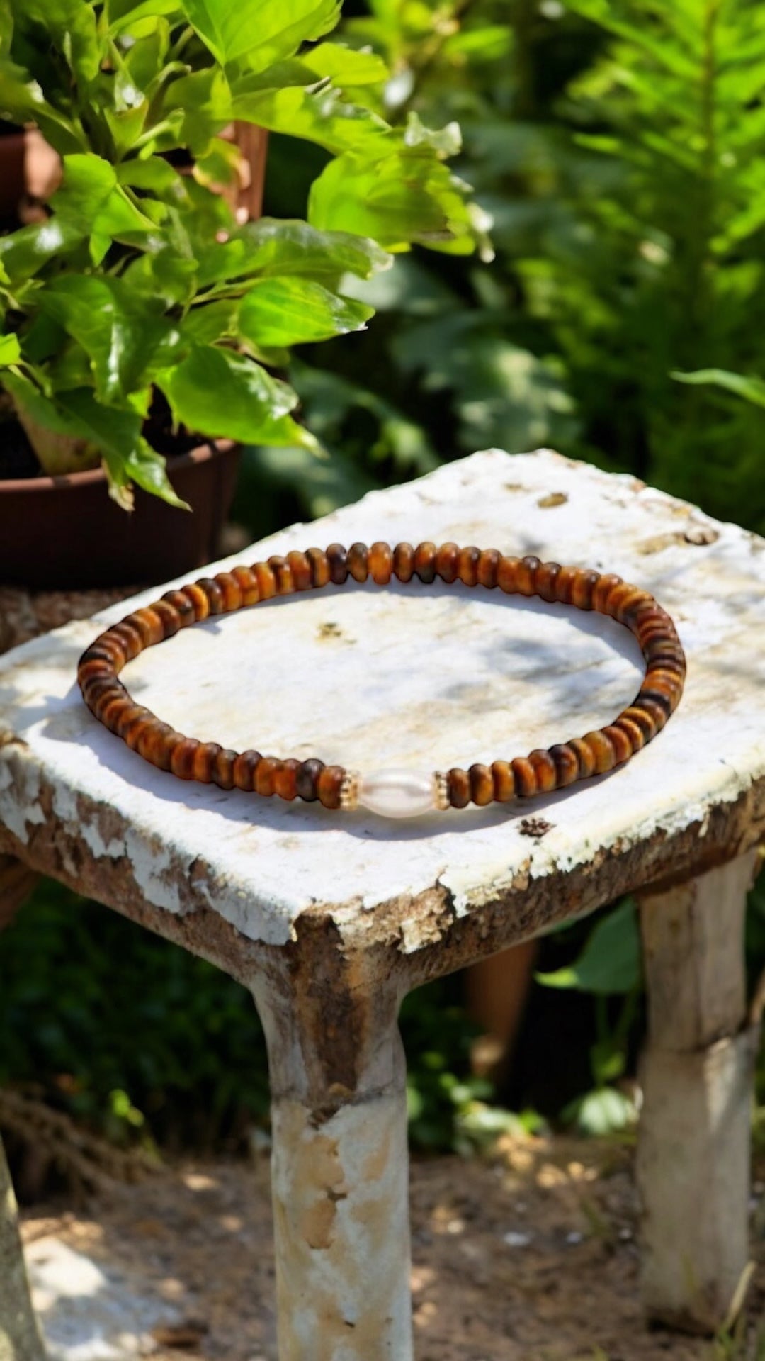 Alex and Ani - Genuine Tigers Eye Beaded with Glass Pearl, Gold, Stretchy Bracelet