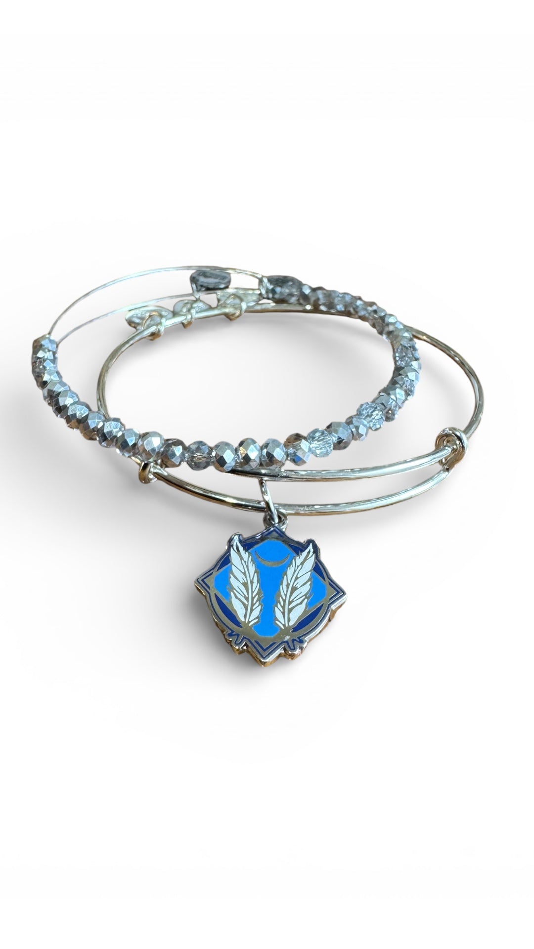 Alex and Ani - Godspeed Charm Set of 2 Bangles, Shiny Silver, with Swarovski Crystal Beaded Bracelet