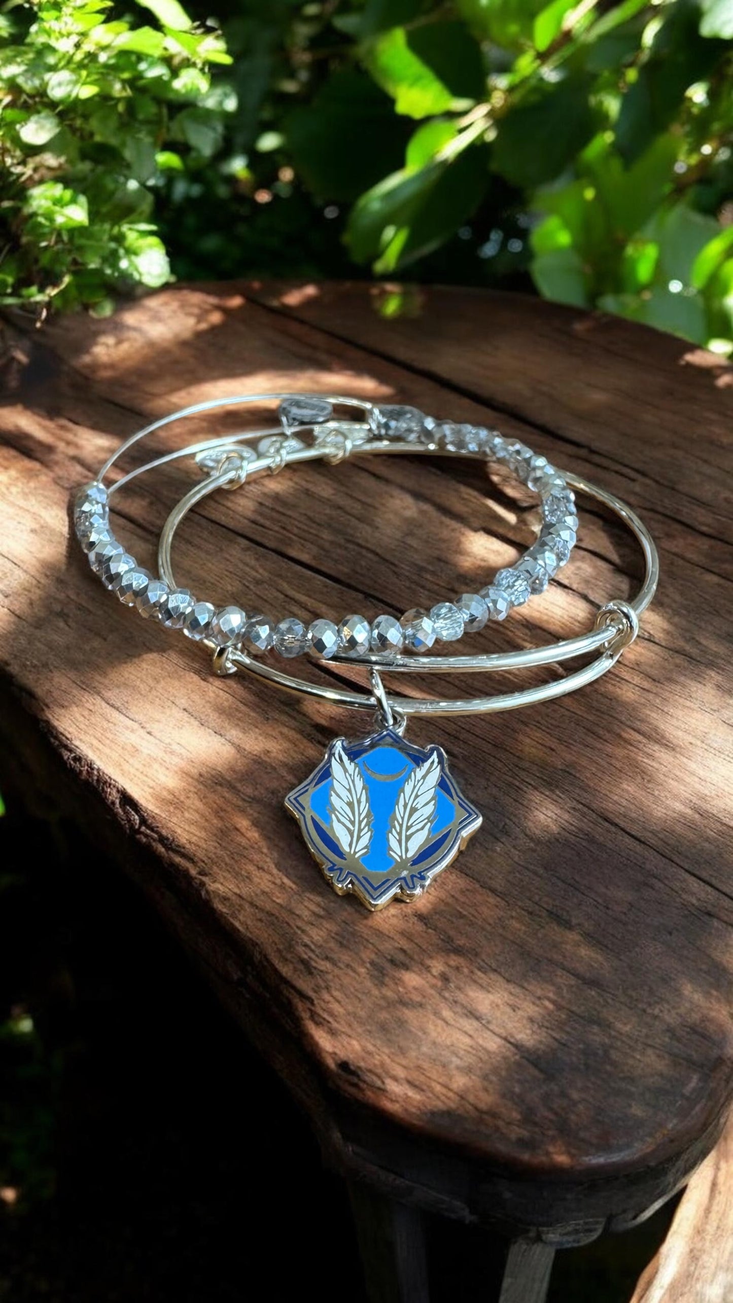 Alex and Ani - Godspeed Charm Set of 2 Bangles, Shiny Silver, with Swarovski Crystal Beaded Bracelet