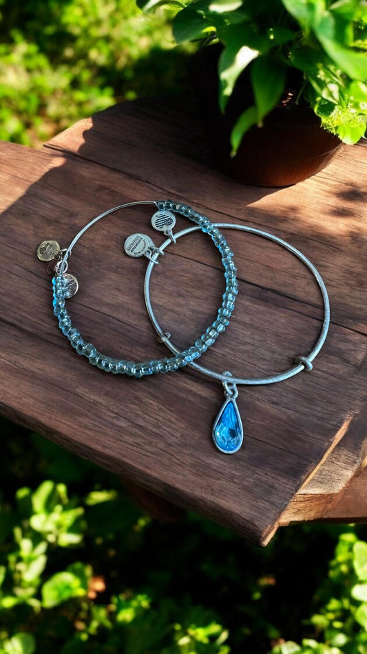 Alex and Ani - March Birthstone Aquamarine Teardrop Swarovski Crystal plus Aquamarine Glass Beaded Bangle Bangle