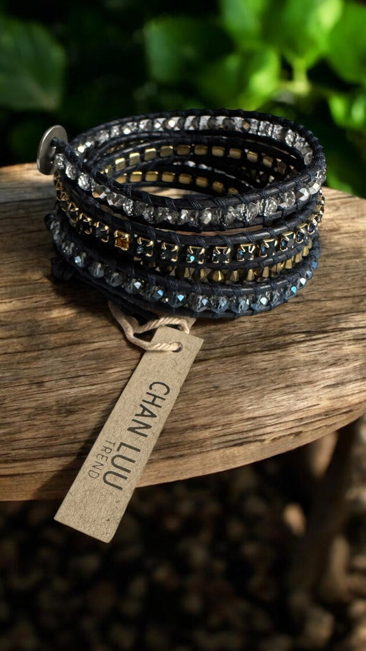 Chan Luu Wrap Black Leather with Swarovski Crystals & Rhinestones, Blue/Gold/Gray 5 x Wrap