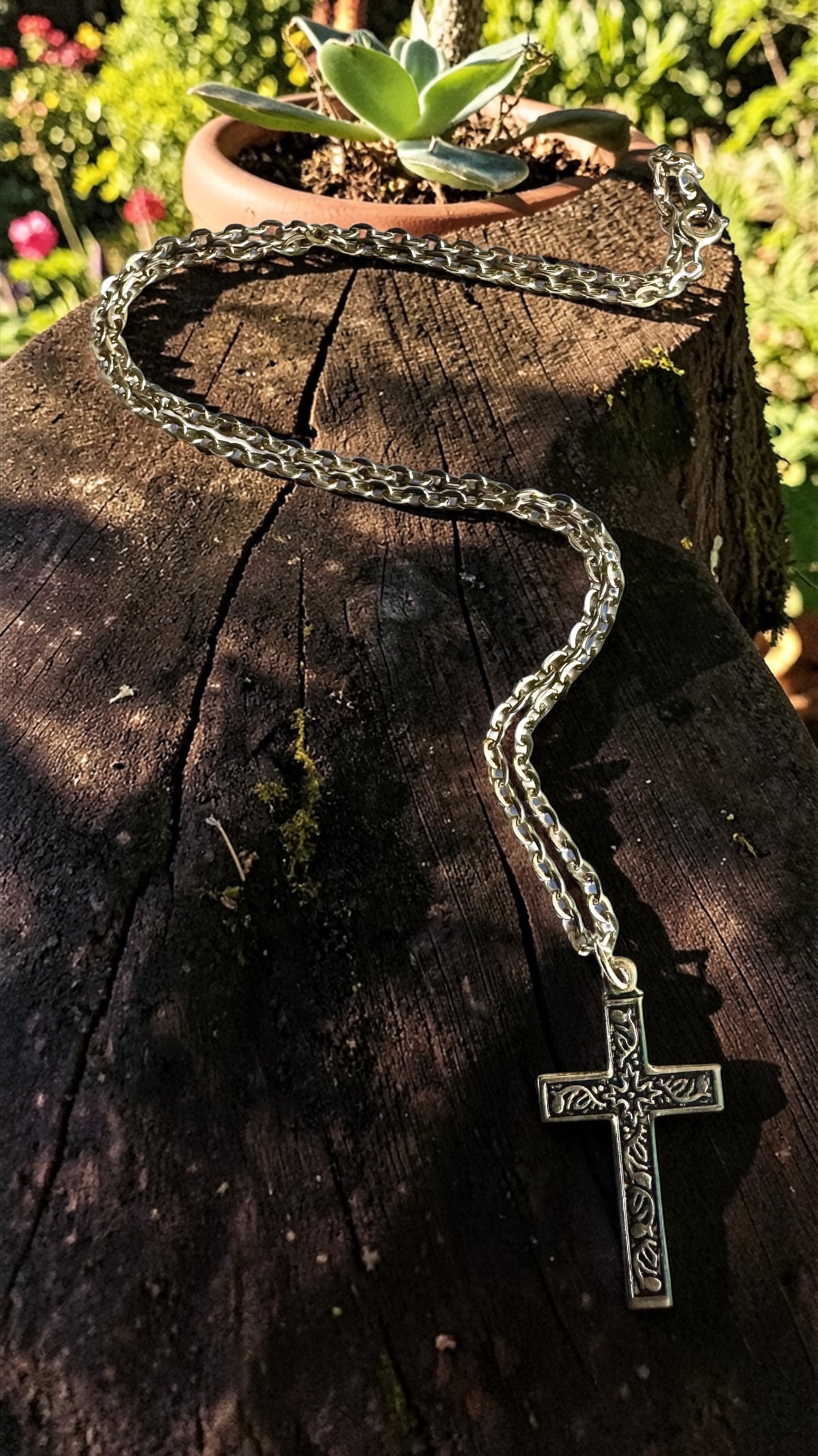 Stainless Steel Textured Cross with a Vine