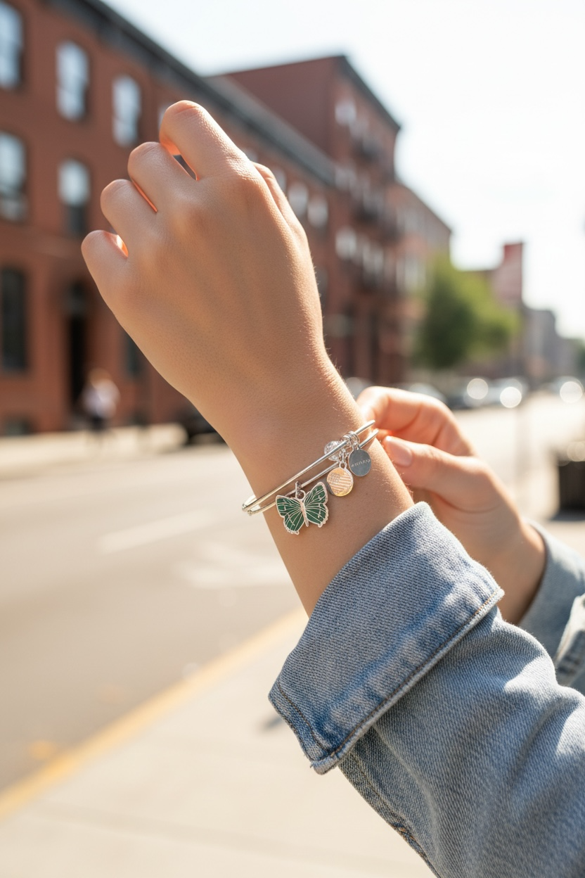 Alex and Ani - Rare Green Hairstreak Butterfly Charm Bangle Bracelet