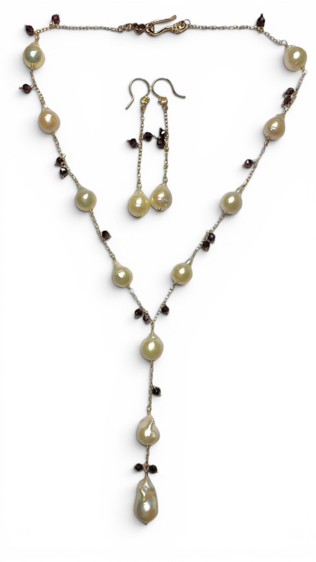 Chan Luu - Vintage Estate Baroque Cream Pearls Intermingled w/Micro Mini Faceted Garnets Plus Matching Earrings Set