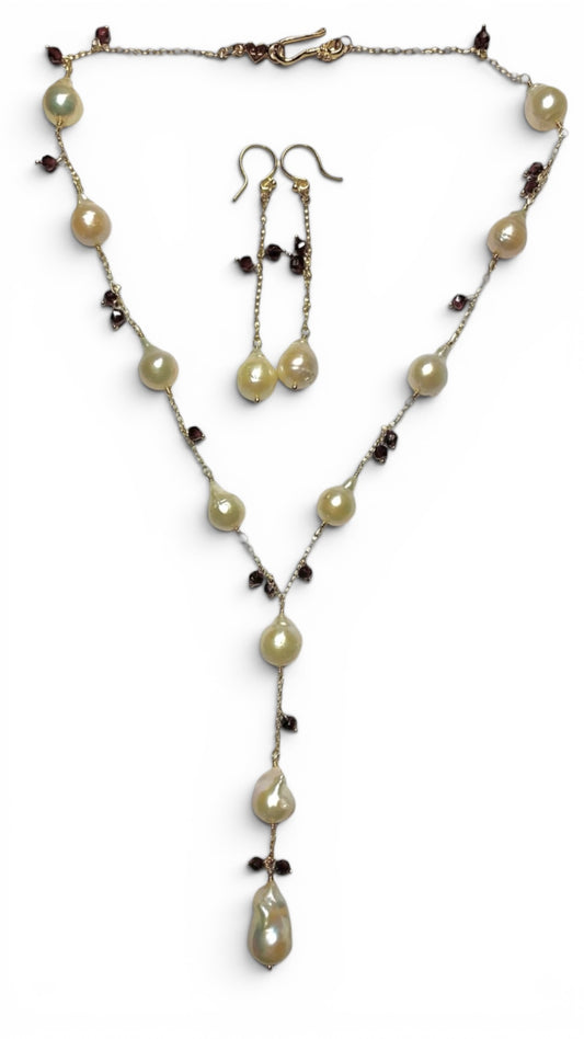 Chan Luu - Vintage Estate Baroque Cream Pearls Intermingled w/Micro Mini Faceted Garnets Plus Matching Earrings Set