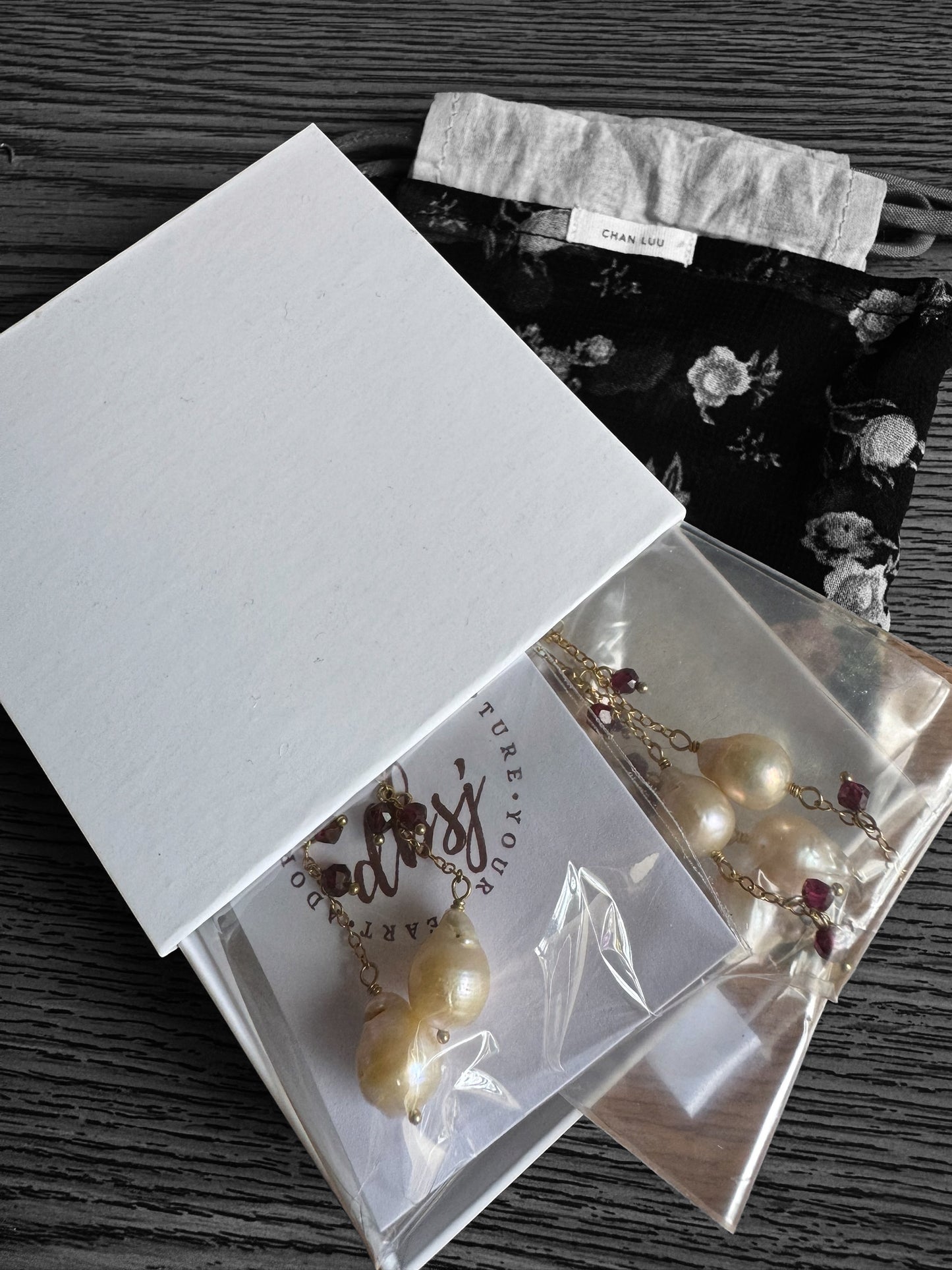 Chan Luu - Vintage Estate Baroque Cream Pearls Intermingled w/Micro Mini Faceted Garnets Plus Matching Earrings Set