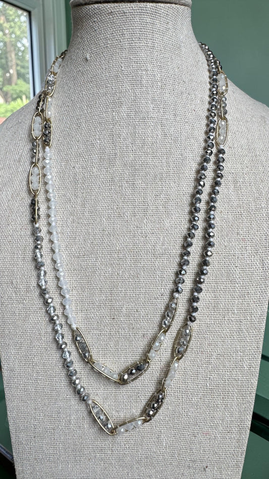 Chan Luu - Hand Knotted Aurora Borealis Grey and Opaque White Crystal Necklace/Bracelet with Gold Chain￼