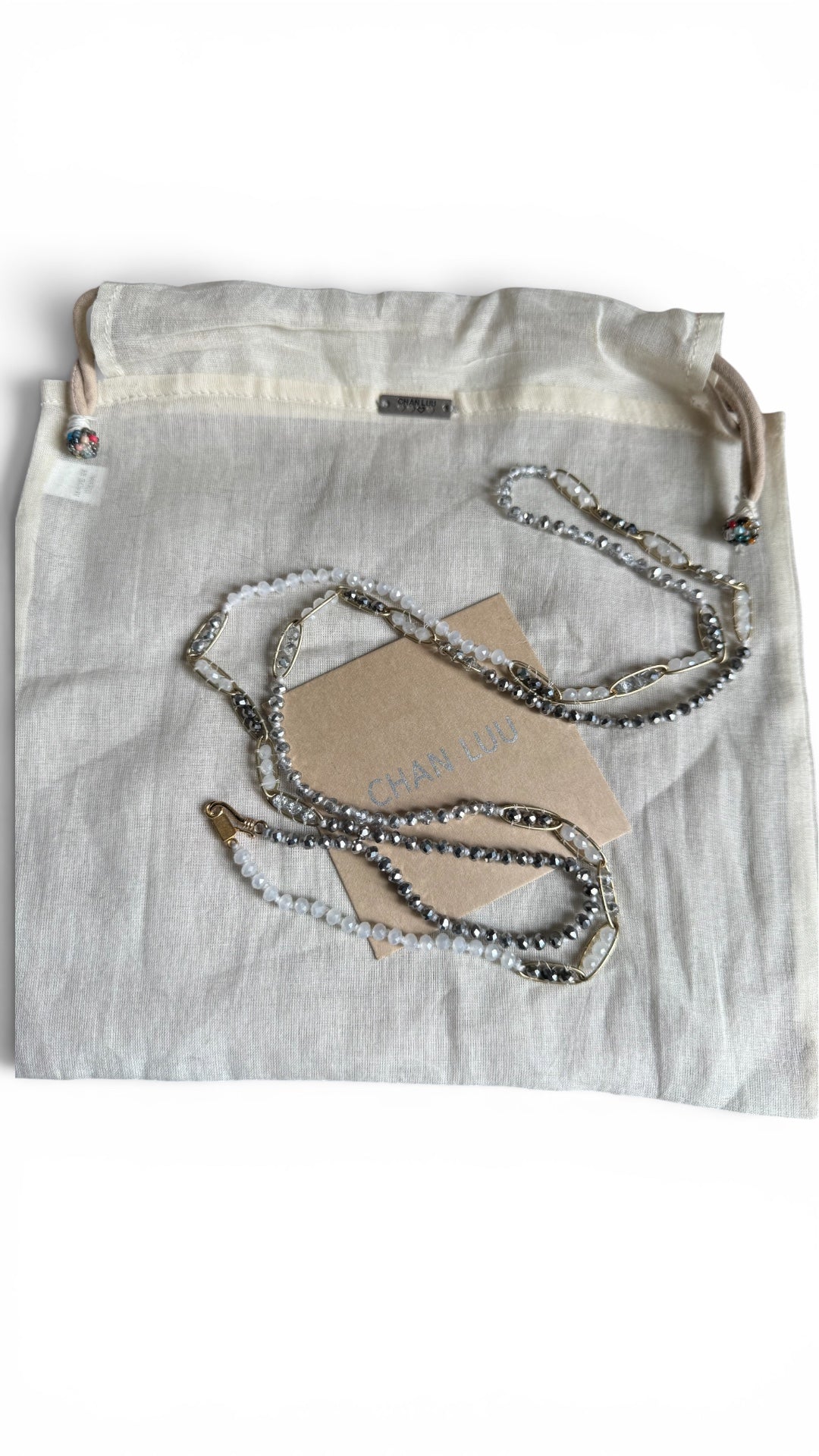 Chan Luu - Hand Knotted Aurora Borealis Grey and Opaque White Crystal Necklace/Bracelet with Gold Chain￼