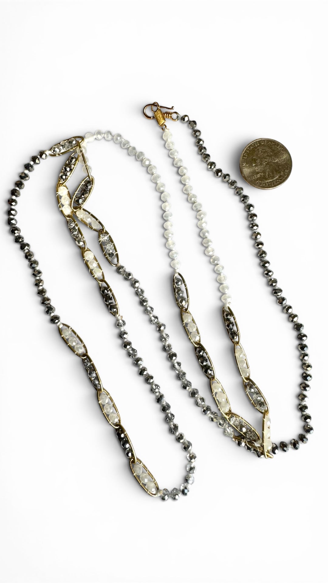 Chan Luu - Hand Knotted Aurora Borealis Grey and Opaque White Crystal Necklace/Bracelet with Gold Chain￼
