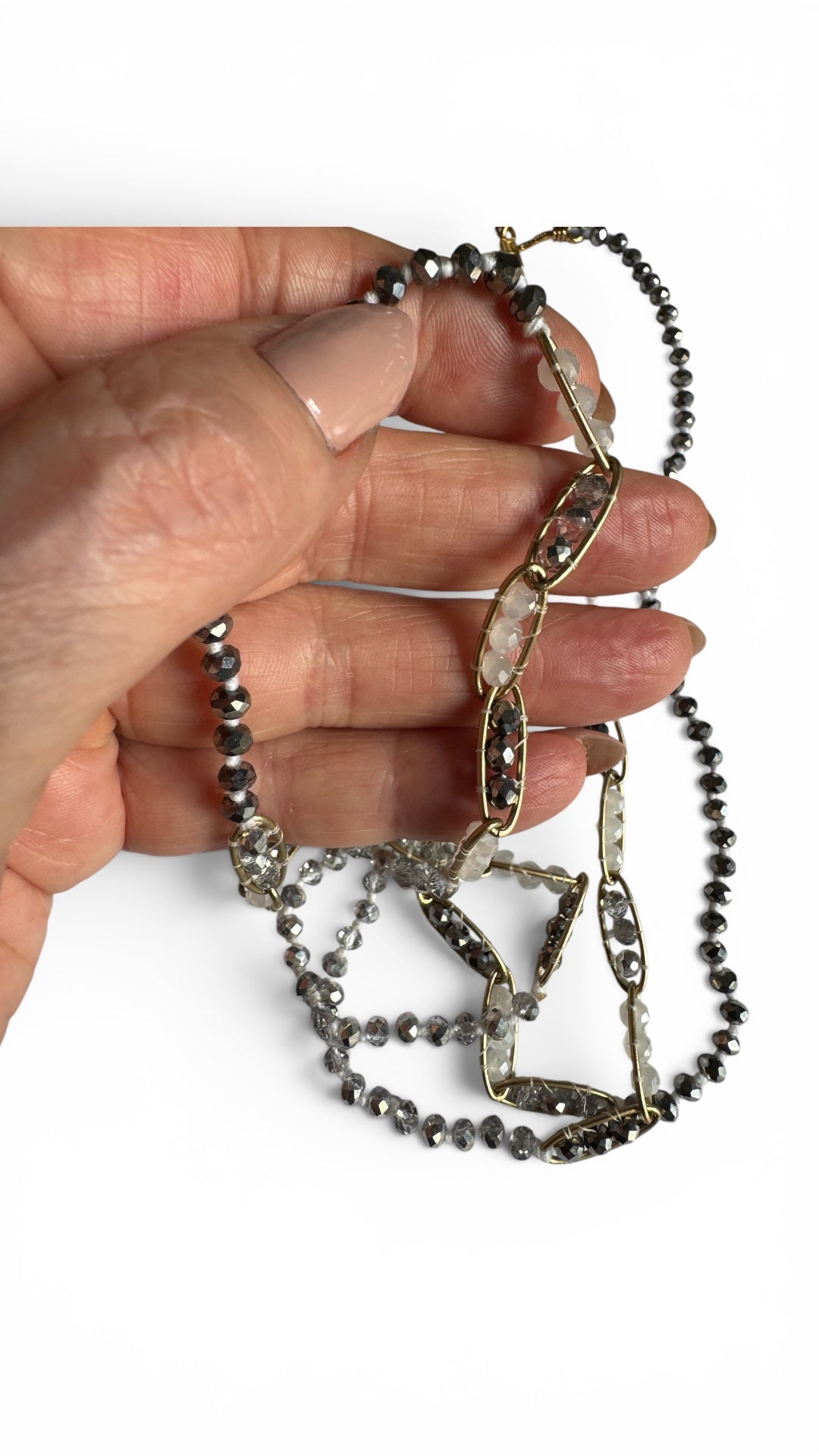 Chan Luu - Hand Knotted Aurora Borealis Grey and Opaque White Crystal Necklace/Bracelet with Gold Chain￼