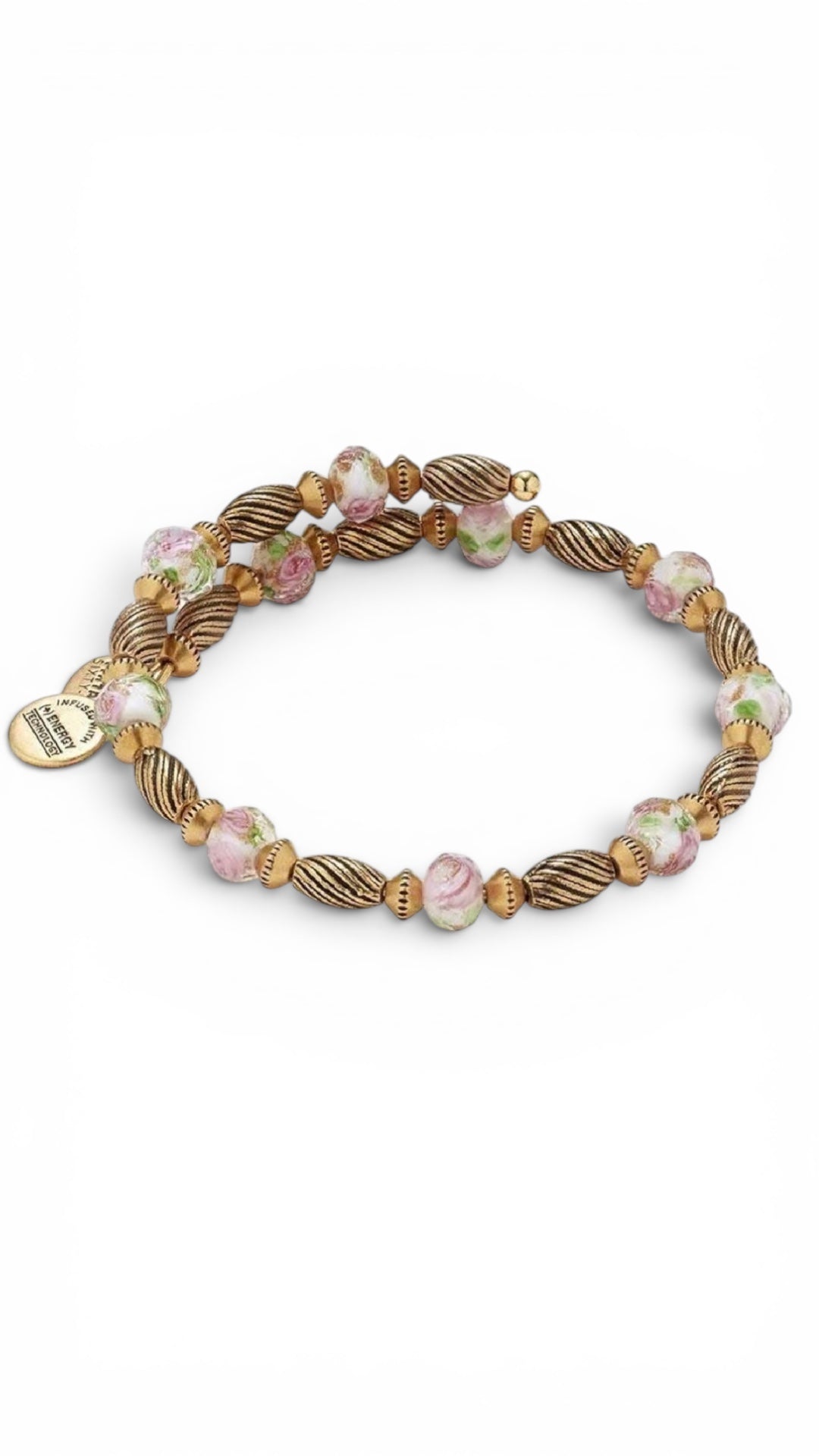 Alex and Ani - Road to Romance Pink Floral and Gold Beads, Vintage 66 Swarovski Crystal Wrap Beaded Bangle