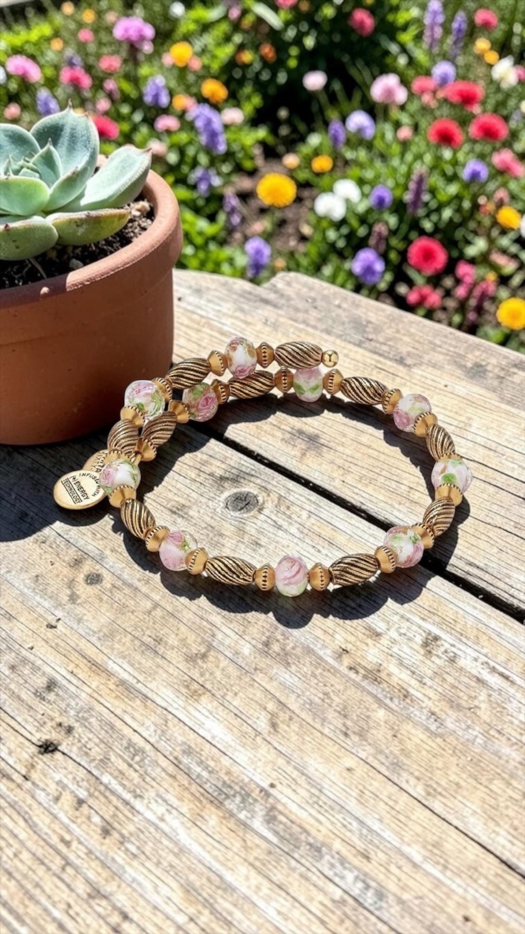 Alex and Ani - Road to Romance Pink Floral and Gold Beads, Vintage 66 Swarovski Crystal Wrap Beaded Bangle