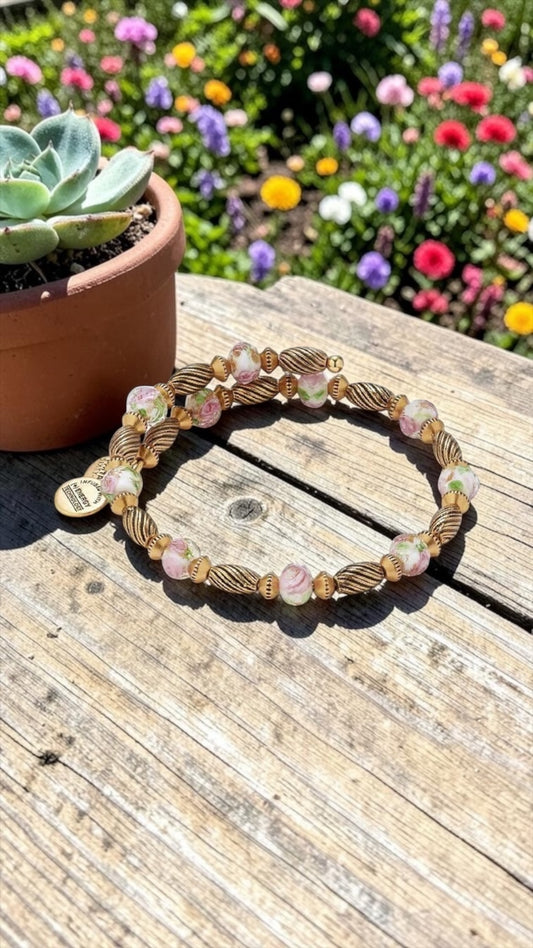 Alex and Ani - Road to Romance Pink Floral and Gold Beads, Vintage 66 Swarovski Crystal Wrap Beaded Bangle