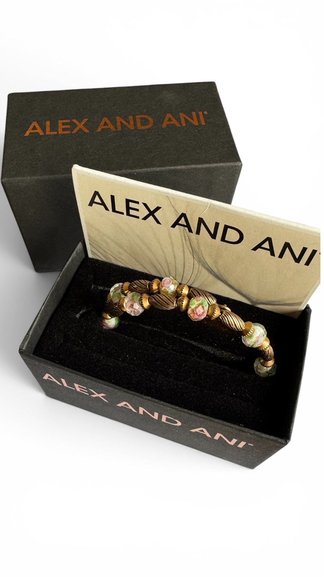 Alex and Ani - Road to Romance Pink Floral and Gold Beads, Vintage 66 Swarovski Crystal Wrap Beaded Bangle