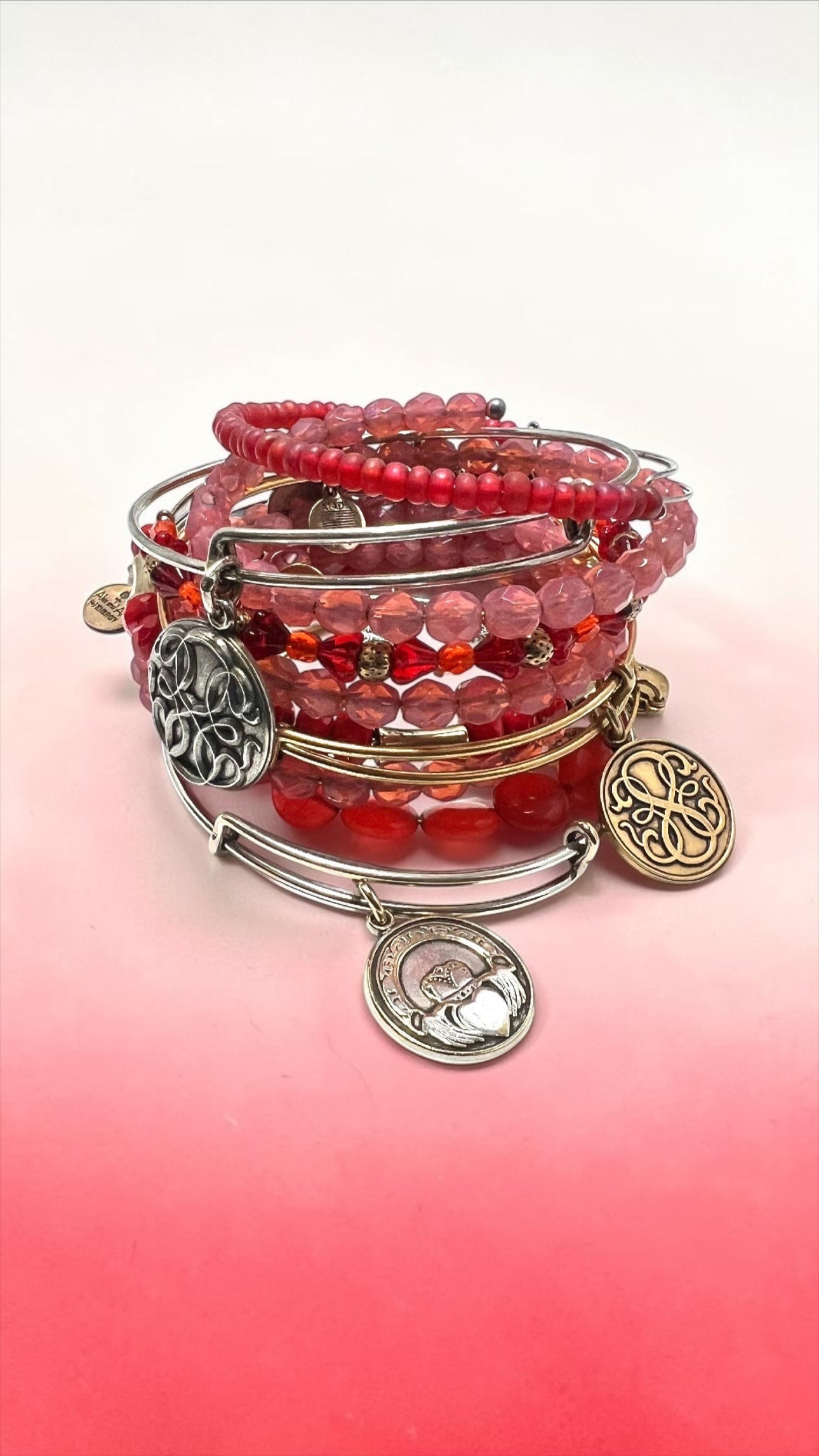 Alex and Ani - Red Swarovski Bicone Crystal and Shiny Silver Beaded Bangle Bracelet