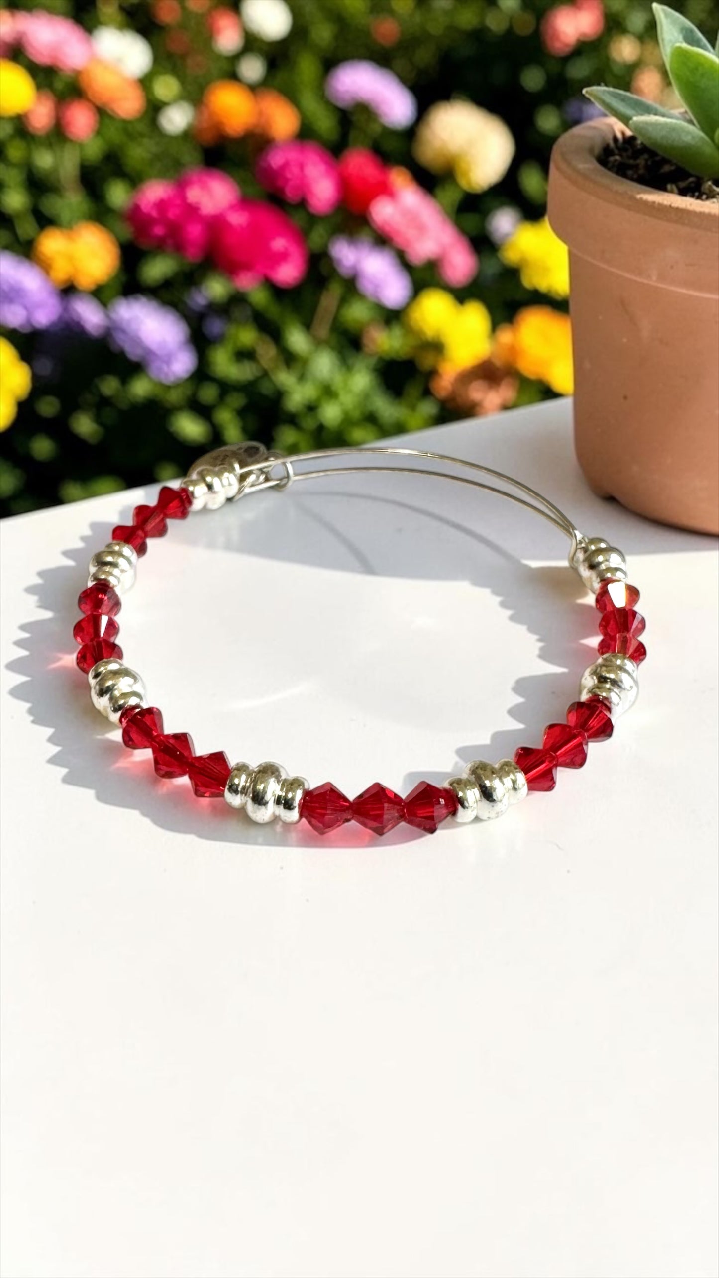 Alex and Ani - Red Swarovski Bicone Crystal and Shiny Silver Beaded Bangle Bracelet