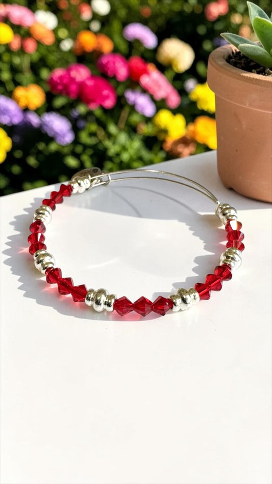 Alex and Ani - Red Swarovski Bicone Crystal and Shiny Silver Beaded Bangle Bracelet