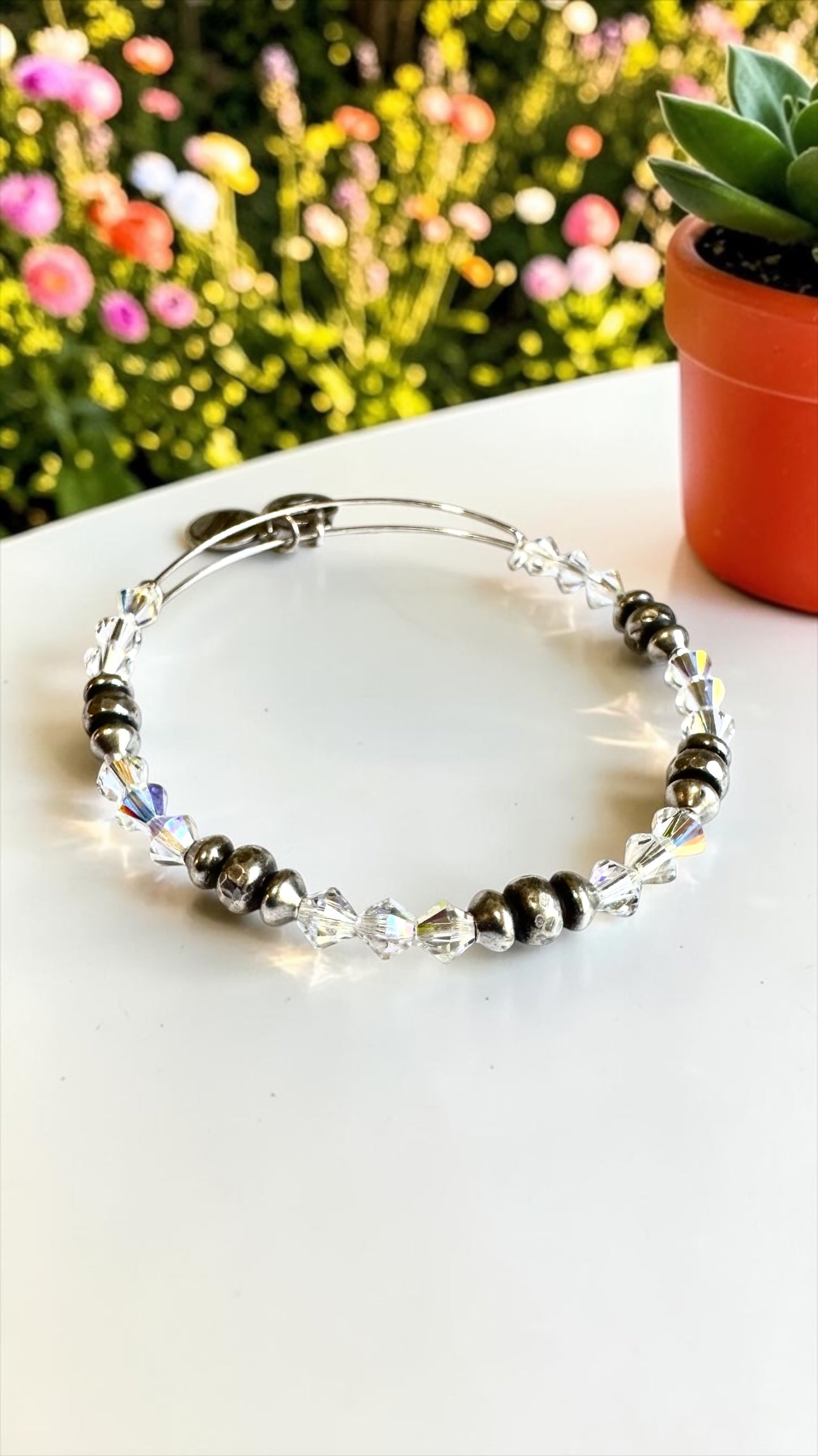 Alex and Ani - Clear Bicone Swarovski Crystal and Silver Beaded Bangle