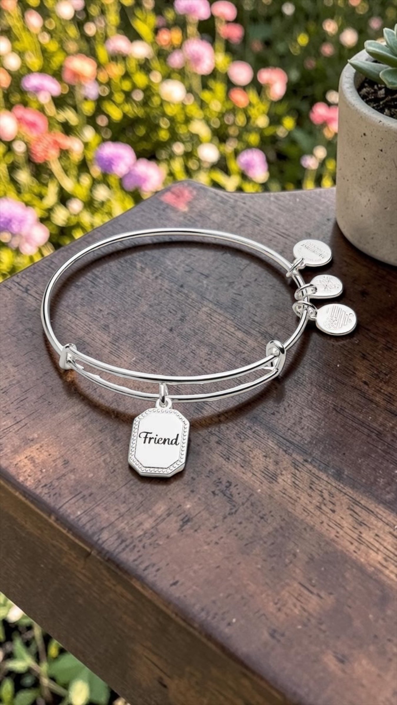 Alex and Ani - ‘Friend’ Charm Bangle Bracelet, ‘United by soul, Let the good times Roll’ on Back