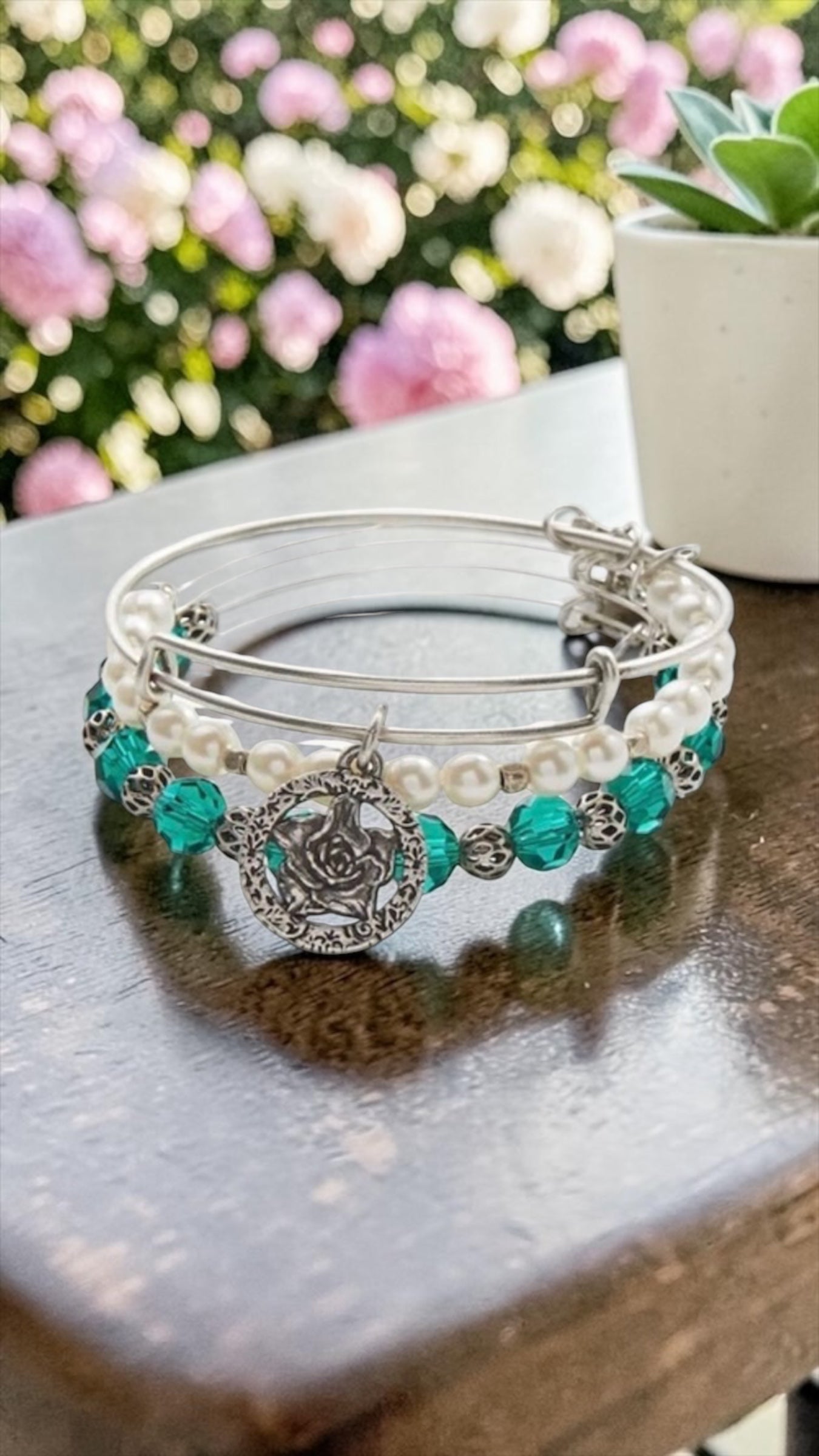 Alex and Ani - Rose Set of 3, Charm Bangle Bracelets