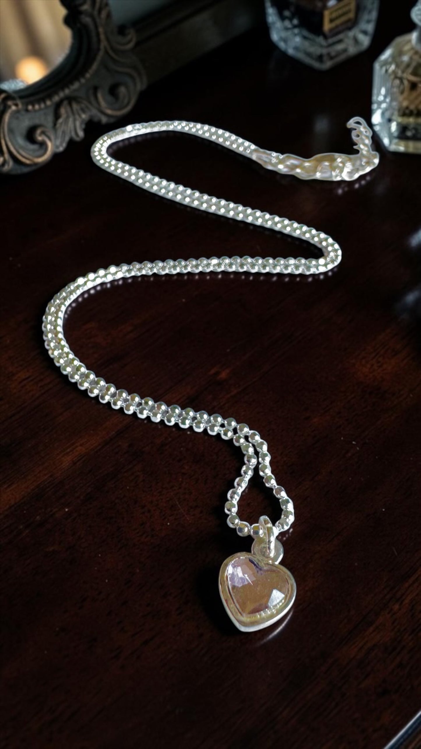 Sterling Silver Diamond Cut Chain with Dainty Crystal Heart Charm Necklace