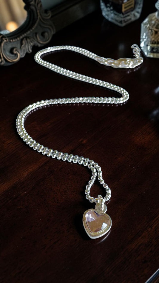 Sterling Silver Diamond Cut Chain with Dainty Crystal Heart Charm Necklace