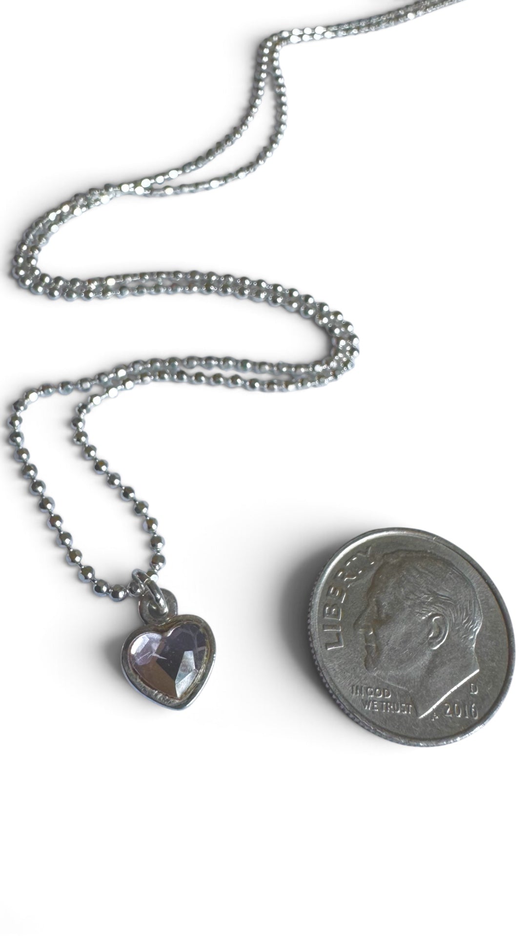 Sterling Silver Diamond Cut Chain with Dainty Crystal Heart Charm Necklace