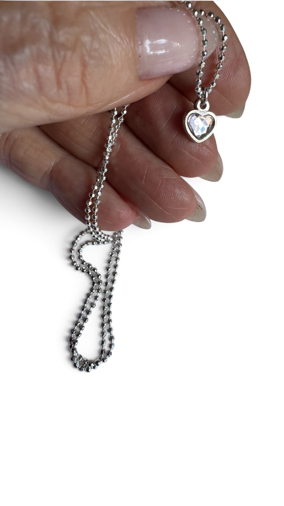 Sterling Silver Diamond Cut Chain with Dainty Crystal Heart Charm Necklace