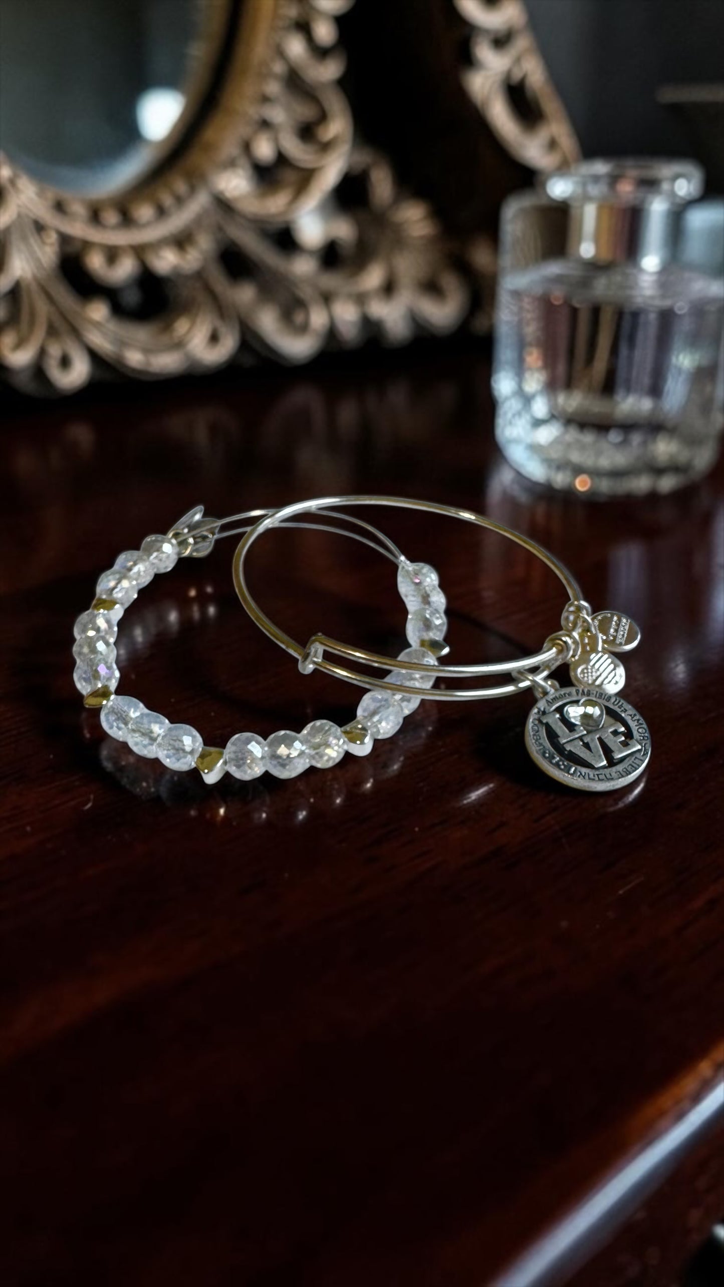 Alex and Ani - Love Language Charm & Aurora Borealis Beaded Bangle Set of 2 Bracelets, Special Sale