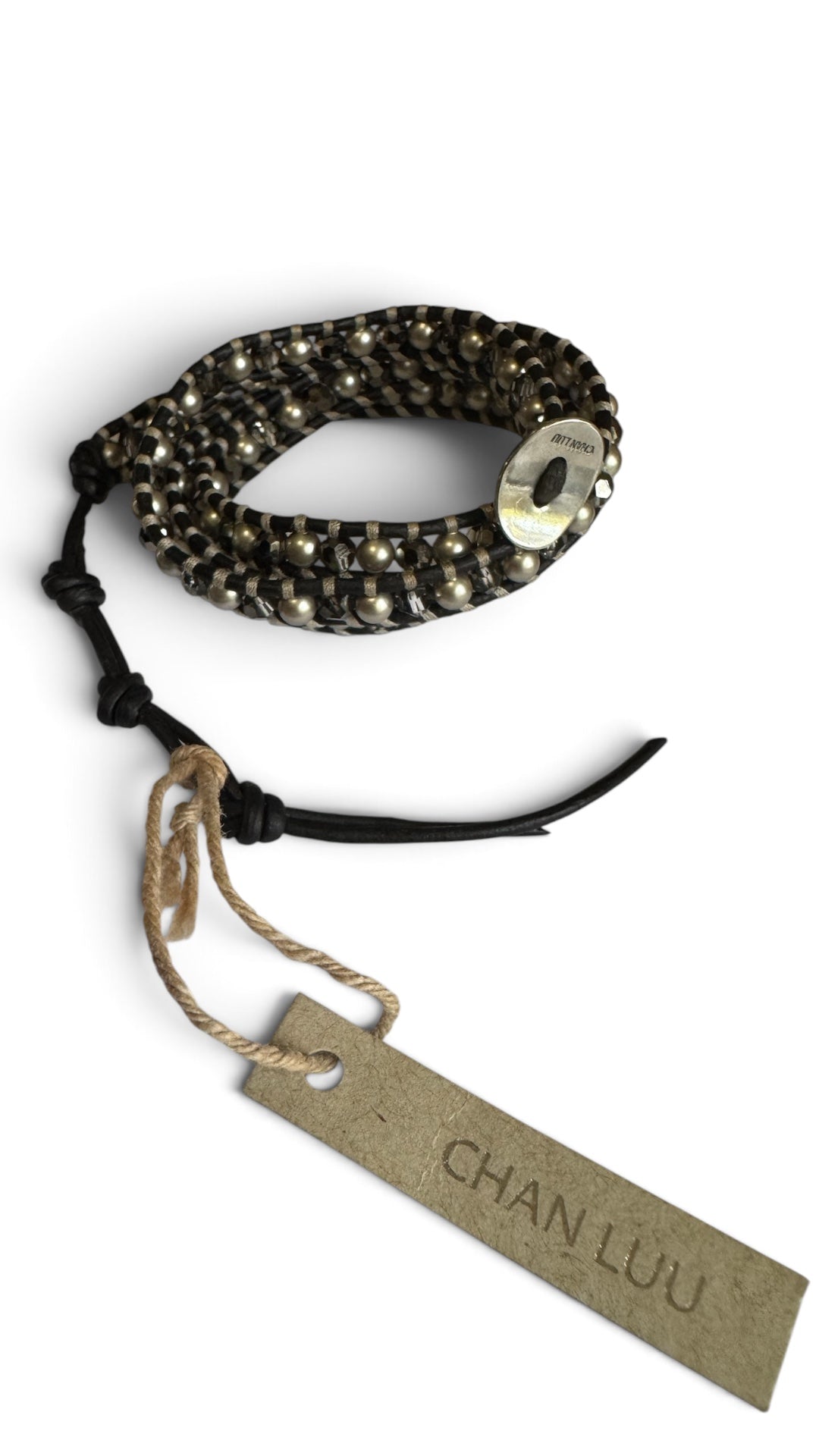 Chan Luu Wrap Black Leather with Swarovski Crystals & Taupe Pearls 3x Wrap
