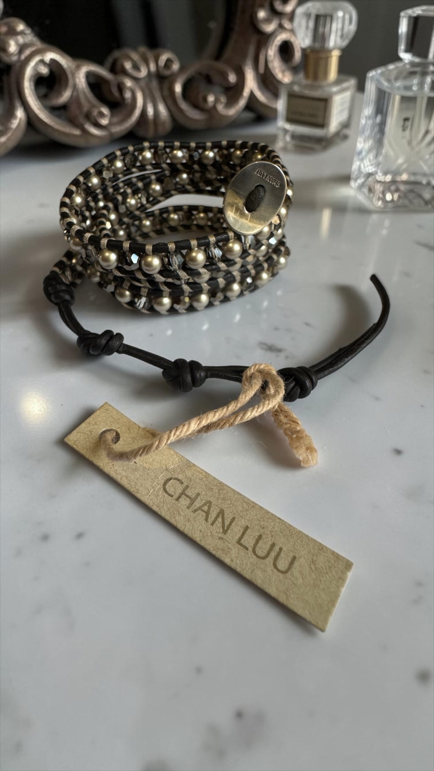 Chan Luu Wrap Black Leather with Swarovski Crystals & Taupe Pearls 3x Wrap