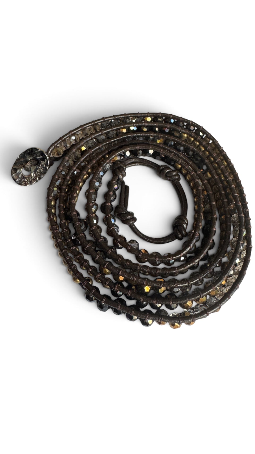 Nakamol Wrap 5 x Wrap, Black Leather with Crystals and Brass Beads