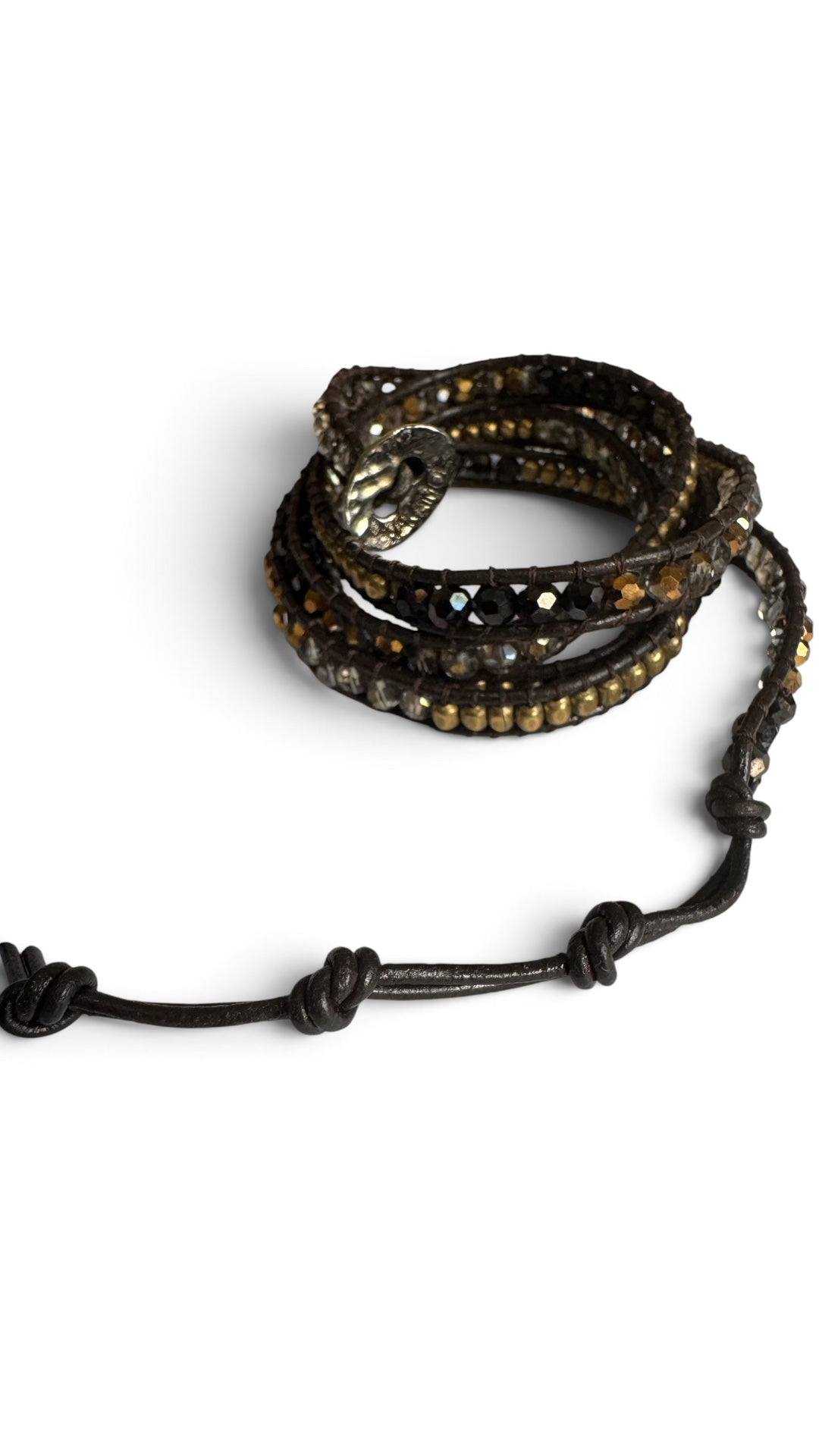 Nakamol Wrap 5 x Wrap, Black Leather with Crystals and Brass Beads