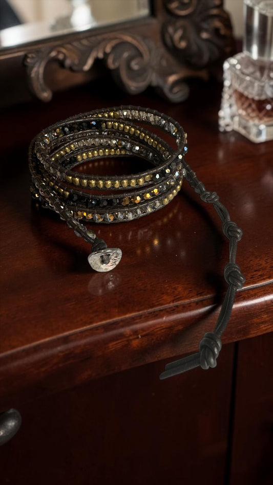 Nakamol Wrap 5 x Wrap, Black Leather with Crystals and Brass Beads