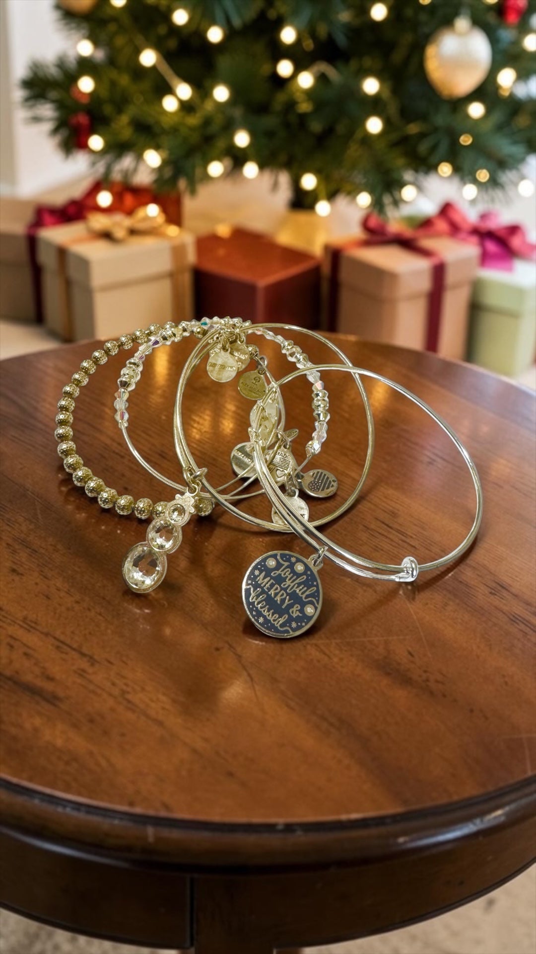Alex and Ani - Holiday Bracelets Set of 4, Swarovski Crystal Snowman Charm, Joyful Merry & Blessed Charm plus 2 Beaded Bangles