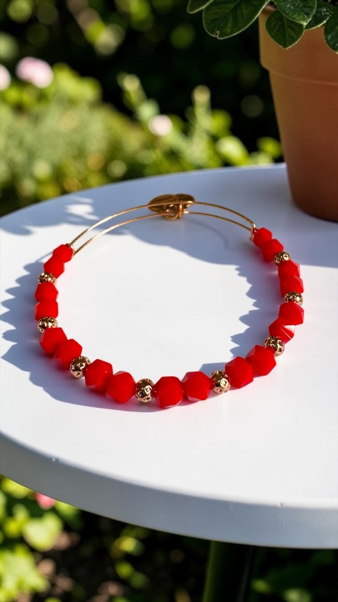 Alex and Ani - Bright Red and Rose Gold Beaded Bangle Bracelet