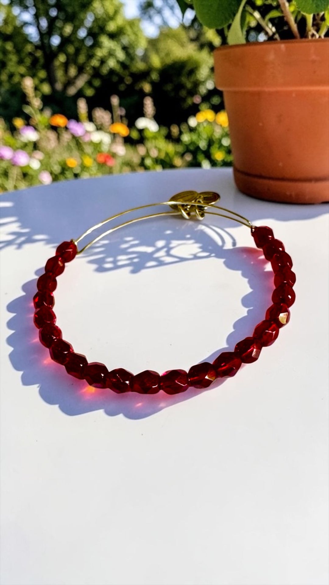 Alex and Ani - Faceted Deep Red Glass Beaded Bangle Bracelet