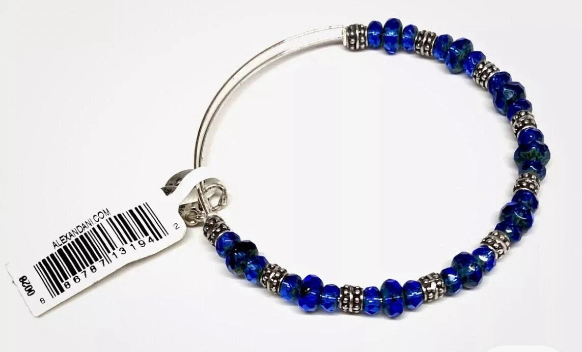 Alex and Ani - Blue Crystal & Rafaelian Silver Beads, Adjustable, Stackable Bangle Bracelet, Collectable Gift for Her, NWOT