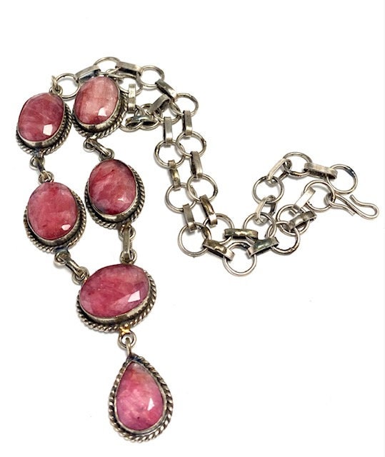 Vintage Faceted Ruby Necklace, Rubies Encased in Siver Bezels, BOHO Style, Made in India, Antiqued Silver